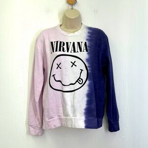 Nirvana - Purple Colorful Smiley Face Nirvana Pullover Sweatshirt Size XS